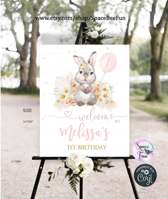 EDITABLE Bunny Welcome sign First Birthday Rabbit sign, Daisy Floral Pink and gold centerpieces 1st birthday board Instant download B27 Il_570xn