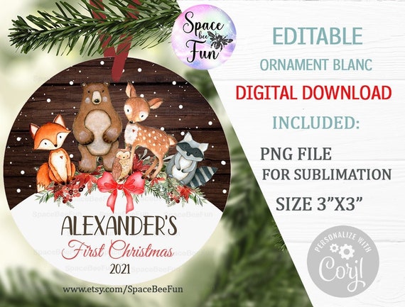 EDITABLE Baby's First Christmas Ornament Deer, Woodland animal sublimation design First Christmas Baby Name template downloads 022 Il_570xn