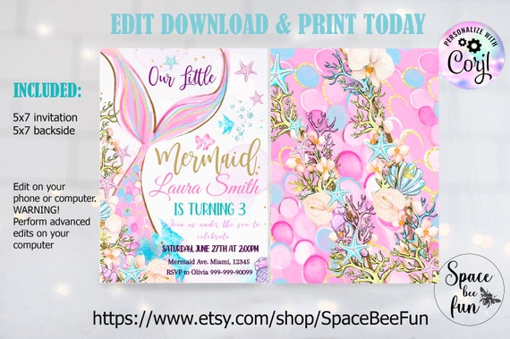 Editable Mermaid Birthday Party Invitation Instant Download Girl.