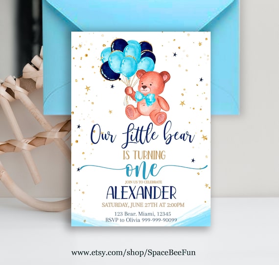 EDITABLE Teddy bear Birthday Boy invitation Our little bear invite boy, Theme Teddy Bear, Blue and gold teddy bear, template download Il_570xn