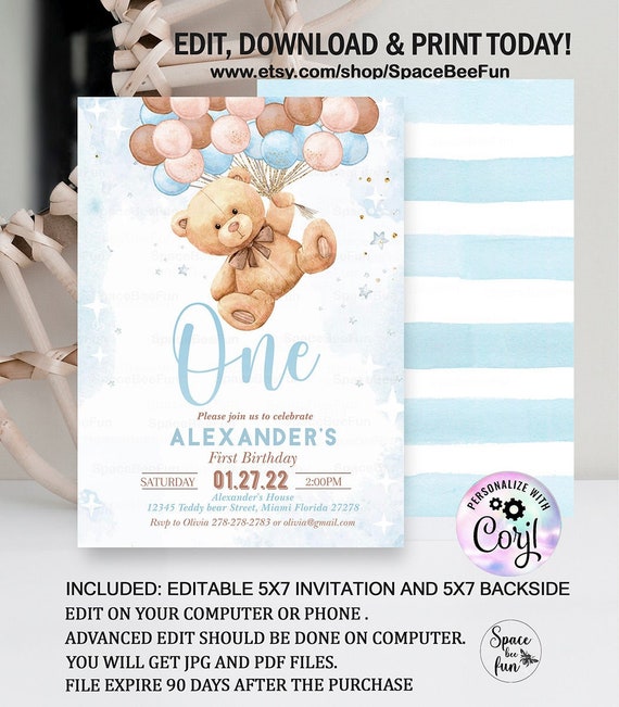 Editable Teddy Bear Birthday Invitation Boy 1st Birthday Bear Party Bear Themed Invite with Balloons Invitations Printable download B1 Il_570xn