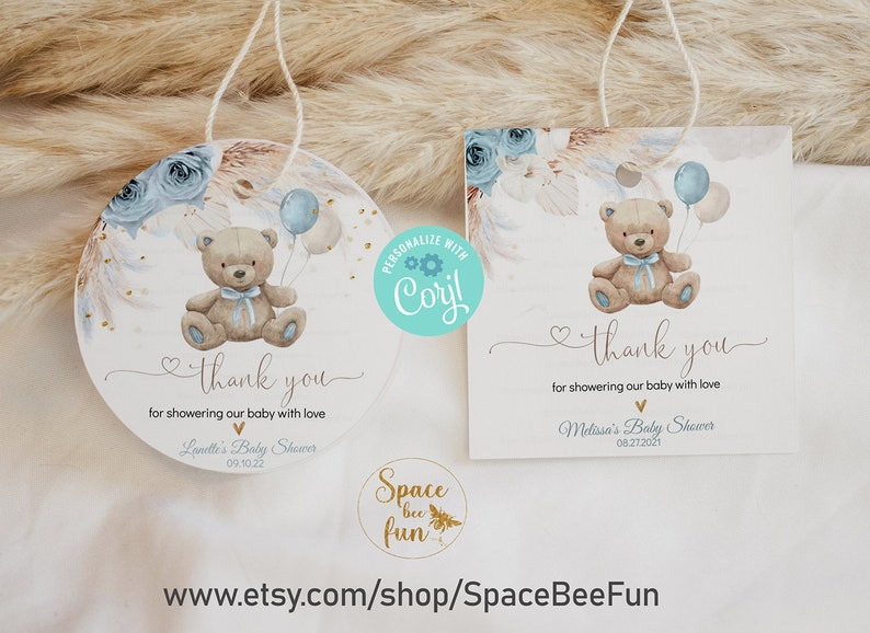 Editable Teddy Bear Baby Shower Boy Thank You Tags Favor Tag Etsy