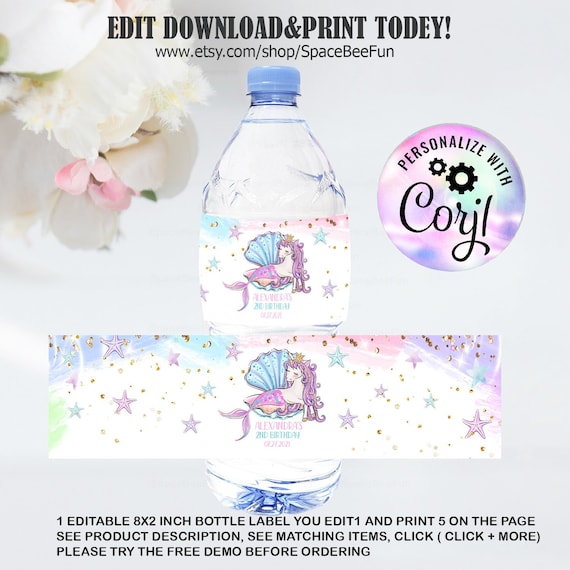 EDITABLE Mermaid Unicorn bottle label, Birthday party mermaid, Printable 1st Birthday Unicorn, Baby Shower Template, Magical Girl, download Il_570xn