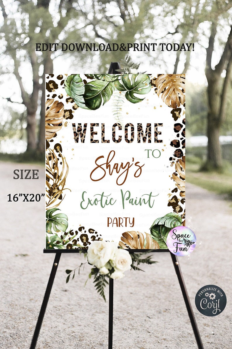 Editable Leopard Print Wild One Safari Birthday Boy Party Jungle Welcome Signs Leopard Print 1st Birthday Party Template Download B27 image 1