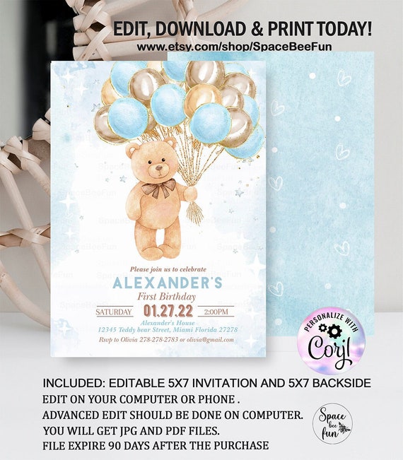 Editable Teddy Bear Birthday Invitation Boy 1st Birthday Bear Party Bear Themed Invite with Balloons Invitations Printable download B1 Il_570xn