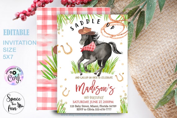 Editable Horse Birthday Invitation Girl Saddle Up Boy Horse Party Invite Pony Pink Floral Instant Download Printable Template A111 Il_570xn