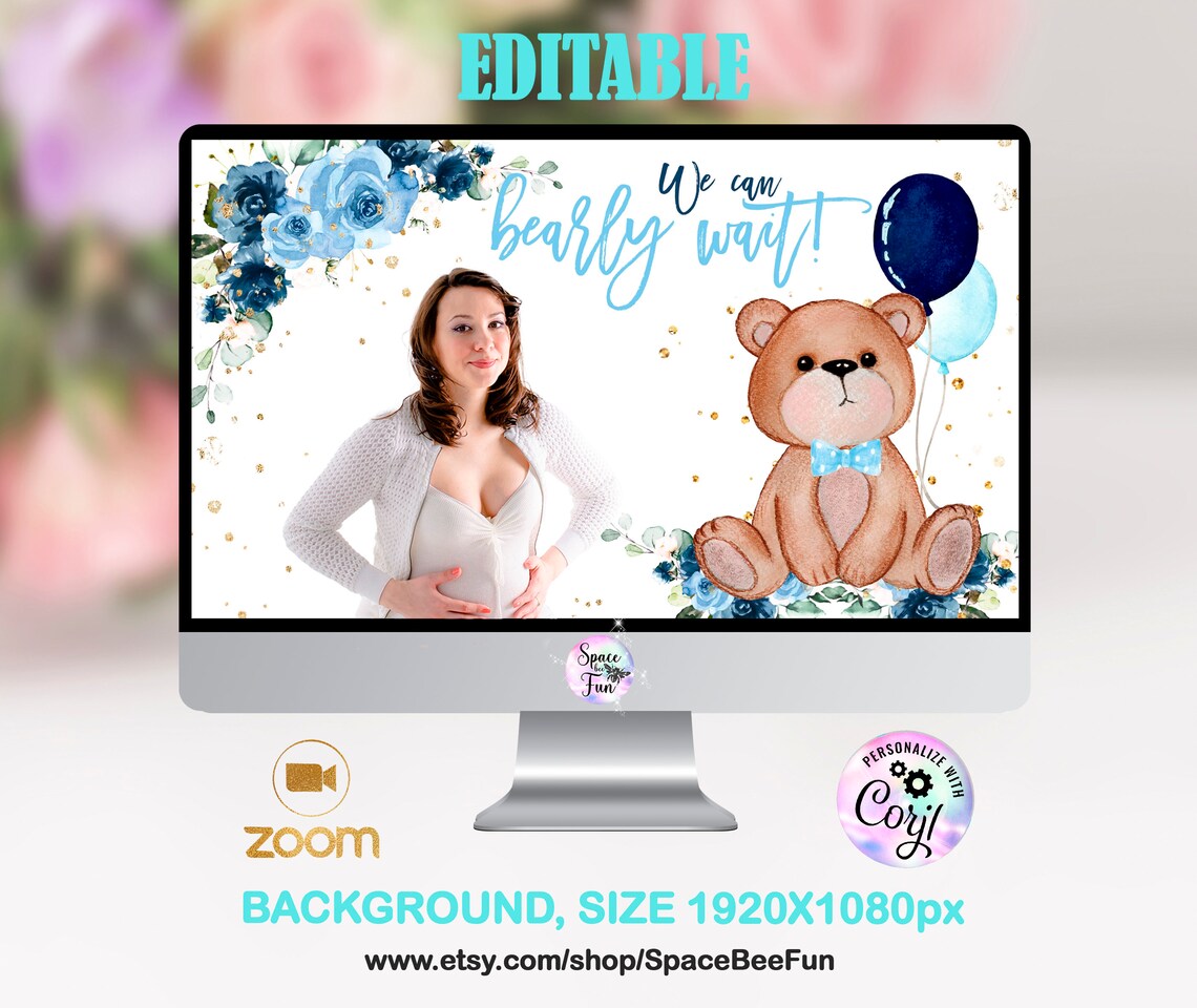 EDITABLE Zoom Background Baby Shower Boy Bear Virtual Baby Etsy