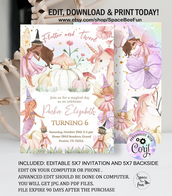 Editable Pumpkin Fairy Birthday Invitation Fairy Party Magical Unicorn Floral Witch Costume party Princess Mermaid brown tanned skin F1 Il_570xn