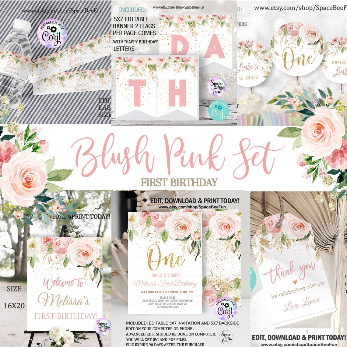 Editable Blush Pink Floral Invitation Package Girl Blush Pink - Etsy