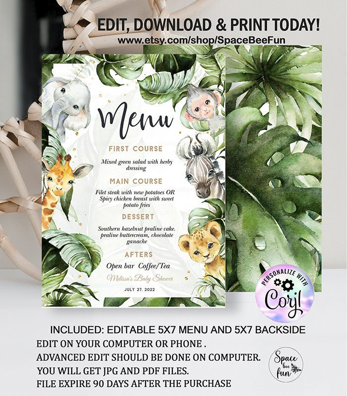 SAFARI MENU CARDS, Jungle Safari Menu Table Card, Jungle Safari Menu