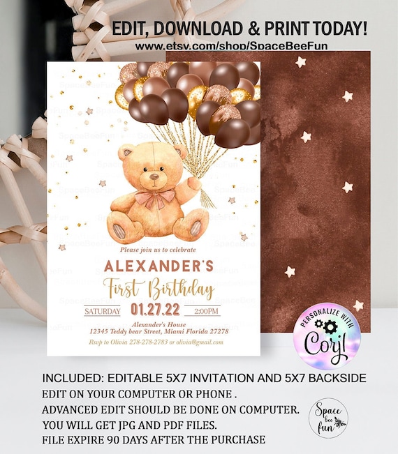 Editable Teddy Bear Birthday Invitation Boy 1st Birthday Bear Etsy