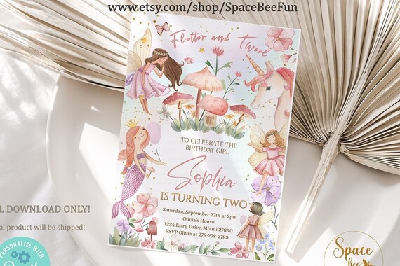 Editable Fairy Birthday Invitation Fairy Party Magical Unicorn Floral Fairy Princess Mermaid invites Printable Instant Download F1 Il_570xn