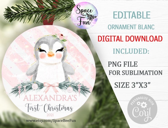 EDITABLE Baby's First Christmas Ornament Girl Pinguin PNG, Arctic Animals sublimation design First Christmas Baby Name template download 022 Il_570xn