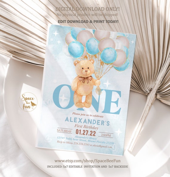 Editable Teddy Bear Birthday Invitation Boy 1st Birthday Bear Party Bear Themed Invite with Balloons Invitations Printable download B1 Il_570xn