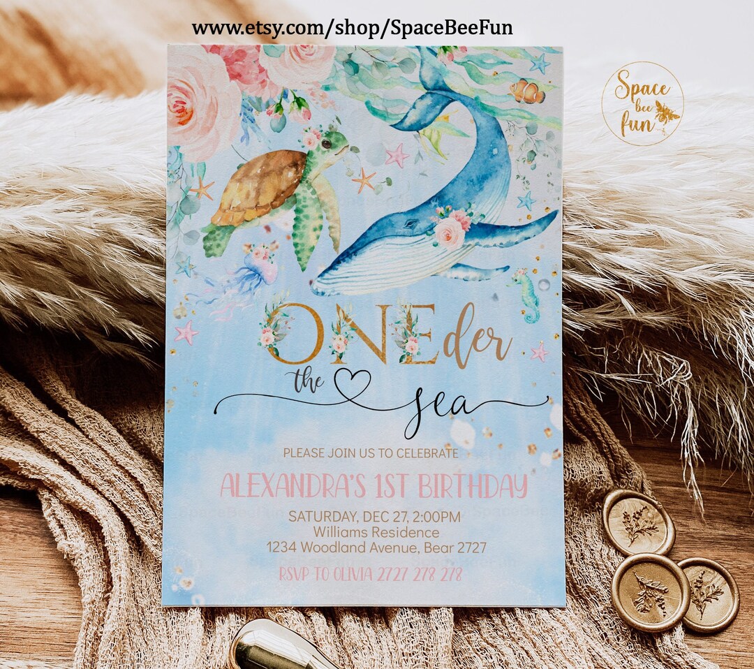 Editable Under the Sea Birthday Invitation Girl Whale Turtle Shark
