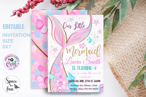 Editable Mermaid Birthday Invitation 4 Party instant download Girl Pink Purple Gold Blue Mermaid Birthday Under The Sea Printable Template Il_570xn