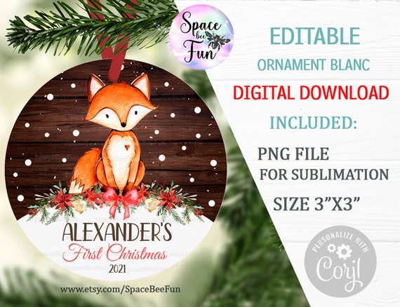 EDITABLE Baby's First Christmas Ornament Fox, Woodland animal sublimation design First Christmas Baby Name template downloads 022 Il_570xn