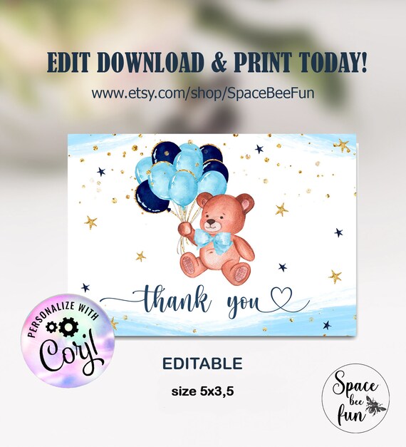 ZOOM Baby shower favors Thank you card boy, Teddy bear Virtual baby shower invite boy, Zoom background Baby shower, Theme Teddy Bear Il_570xn