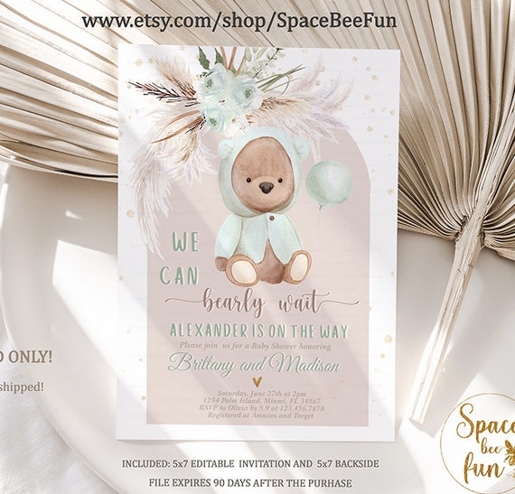 Editable Boho Teddy Bear Baby Shower Invitation Pampas Grass Bohemian Greenery Co-Ed Shower Teddy Bear Balloons Baby Shower Instant Downl B1 Il_570xn