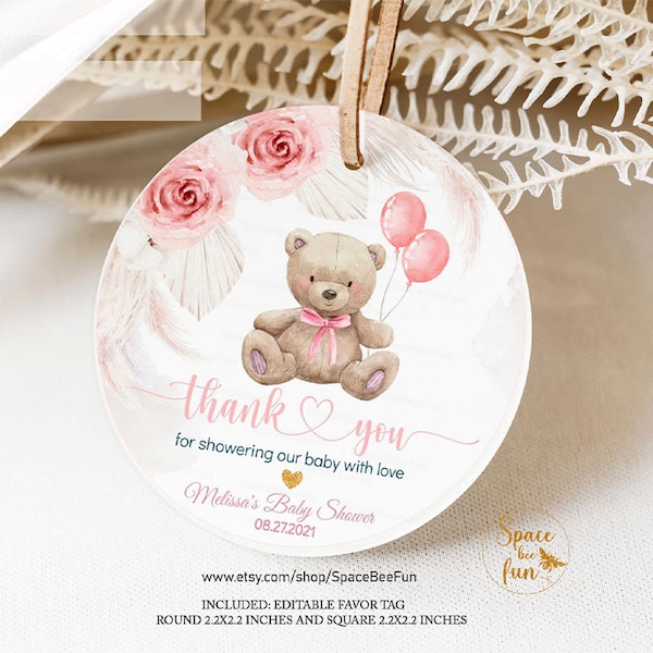 Editable Boho Teddy Bear Baby Shower Favor tag Pampas Grass Bohemian Girl Balloons Lavender Gift Tag Teddy Bear Thank you Instan Download B1