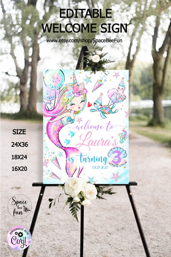 Editable Mermaid Birthday Welcome Sign, Mermaid Welcome Sign, Printable Mermaid Party Sign, Yard sign Instant Download template D111 Il_570xn