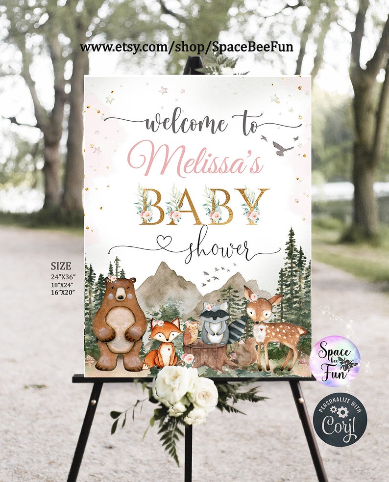 Adventure Awaits Woodland Animals Welcome Sign EDITABLE Baby Shower Girl Wild One Birthday Signs Forest Mountain Invitation Download B02 image 1
