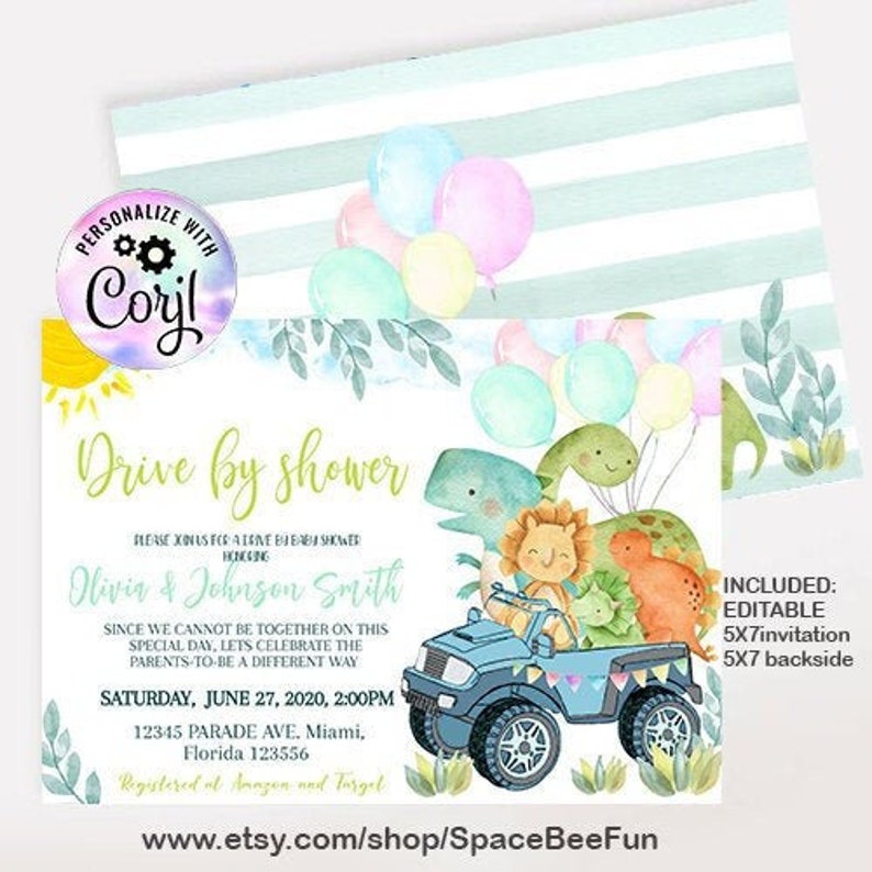 Editable Dinosaur Drive By Baby Shower Invitation Dino Boy Drive Through Baby Shower Invite Virtual Shower Social Distancing Baby Shower image 1