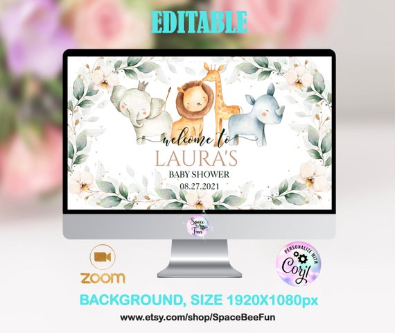 EDITABLE Zoom Background Baby Shower Safari Jungle Virtual Baby Shower, Social Distance Theme Elephant Instant Download Digital Il_570xn