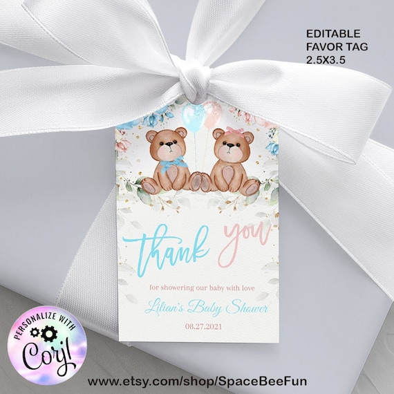 Editable Teddy Bear Baby Shower Gender reveal Favors Gift tags Favor tag Bear Baby Shower Thank you tags Bear Balloons Il_570xn