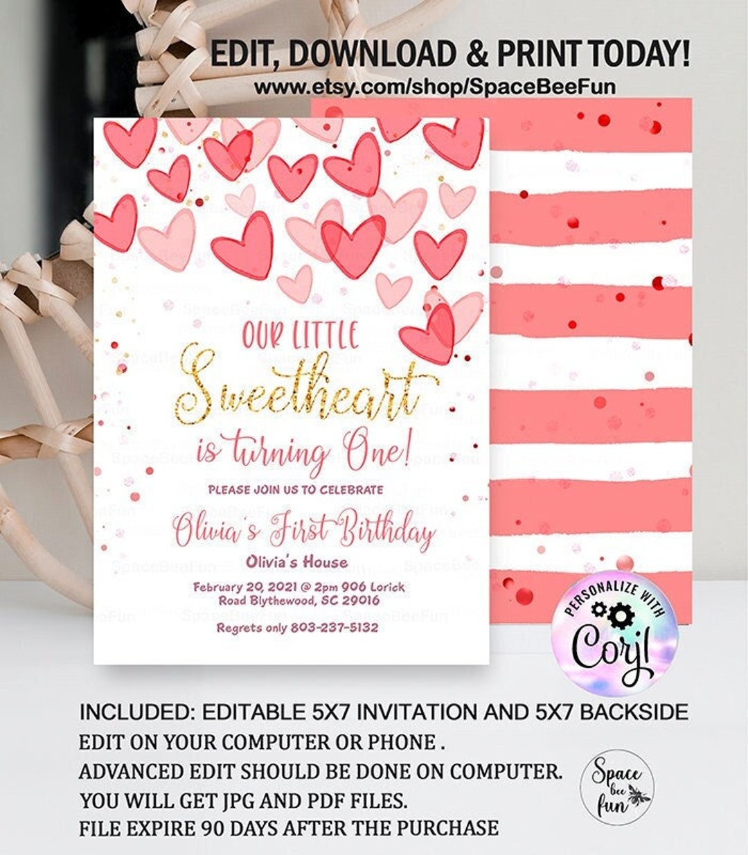 Editable Valentine Birthday Invitation 1st Valentine Party Invite ...
