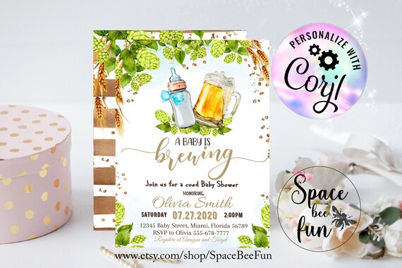 EDITABLE A Baby is Brewing Invitation Beer Baby Shower invite Bottle and Beers Greenery Gender Neutral Coed Baby Shower Printable Digital Il_570xn