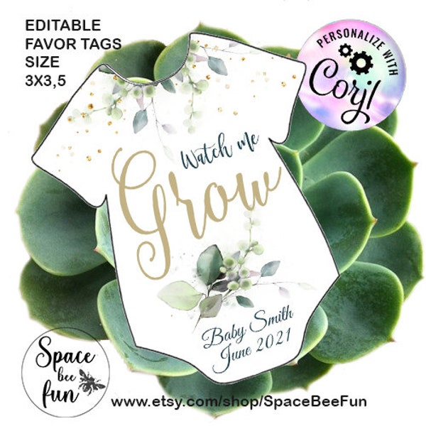 EDITABLE TEMPLATE Watch Me Grow Tags Baby Shower Succulent Onesie Thank you Favor Tags Social Distancing Favors, Drive By Baby Shower