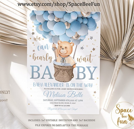 Editable Teddy Bear hot air balloon Baby Shower Invitation We Can Bearly Wait Bear Themed Baby Shower invite Boy Bear with Invitations B1 Il_570xn