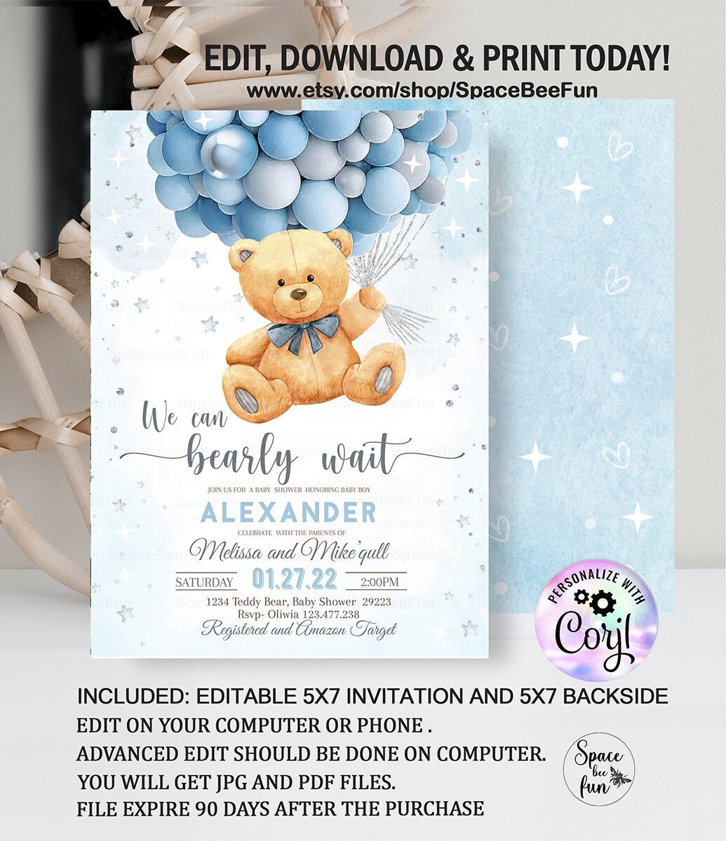 Editable Teddy Bear Baby Shower Invitation We Can Bearly Wait - Etsy ...