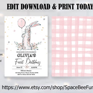 EDITABLE Bunny Birthday Invitation Bunny 1st Birthday Invite Velveteen Rabbit invite Pink Bunny Invitations Spring Rustic Bunny download image 2