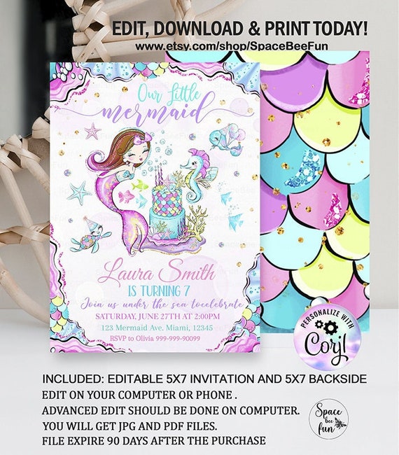 Editable Mermaid Birthday Invitation, Unicorn Party Mermaid invite, Girl Pink Purple Gold Unicorn party, Magical Unicorn Instant download Il_570xn