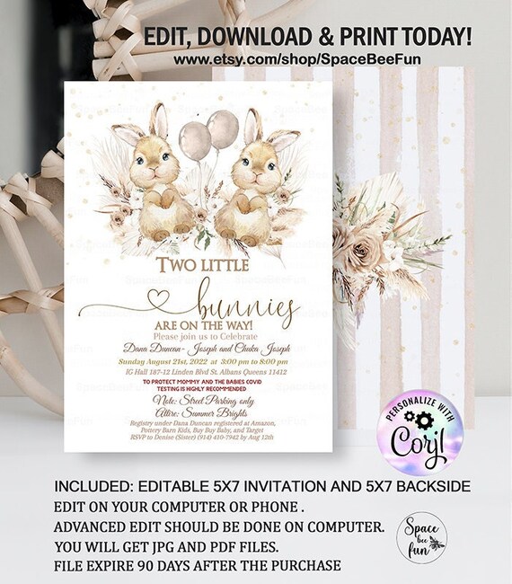 Editable TWINS Bunnies Baby Shower Invitation Twin gender natural boy ...