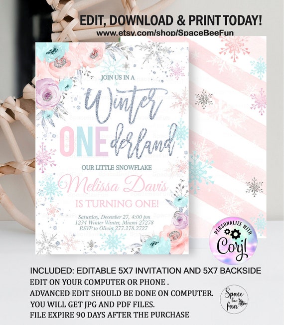 Editable Winter Onederland Birthday Invitation Girl, 1st Birthday
