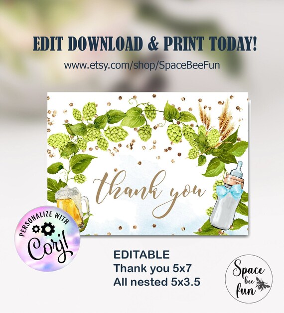 EDITABLE Baby is Brewing Thank you Beer Baby Shower invite Bottle and Beers Greenery boy Coed Baby Shower template Printable Digital Il_570xn