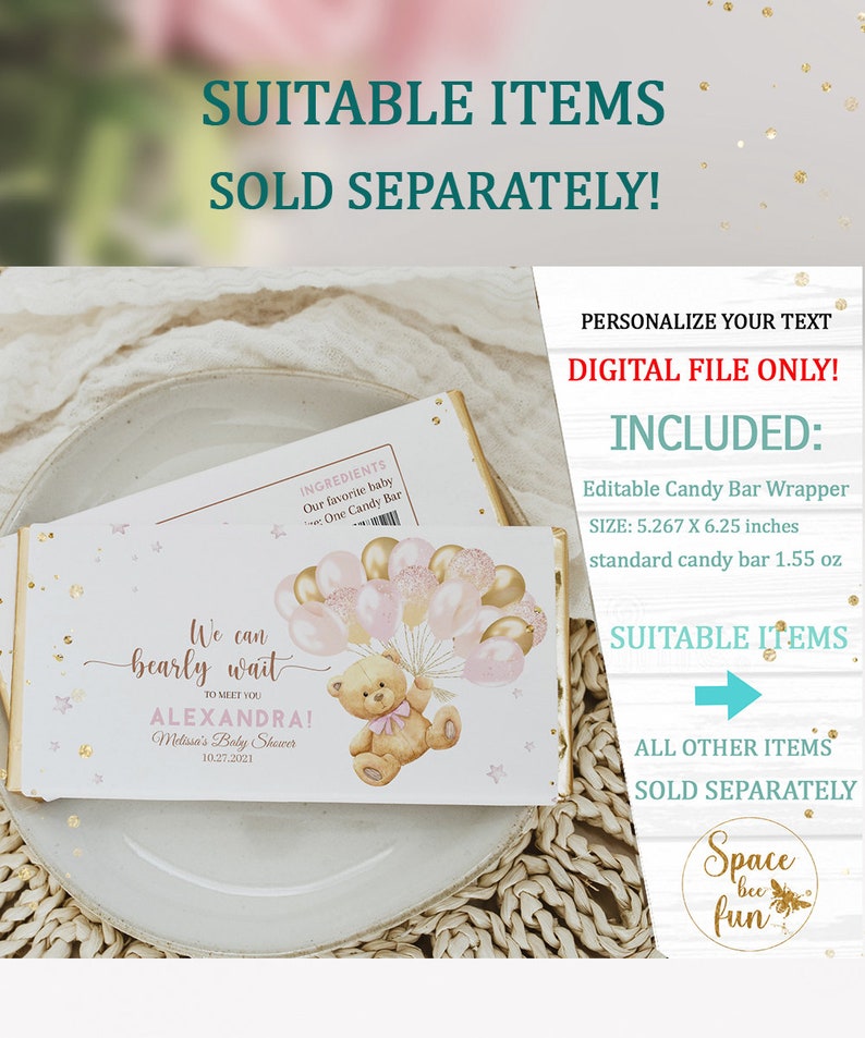 Editable Teddy Bear Baby Shower Book and Diaper Raffle Invitation, Games We Can Bearly Wait, Bear Shower invite Girl Bear with downloadB1 image 5