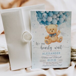 Editable Teddy Bear Baby Shower Invitation We Can Bearly Wait Boy, Hot ...