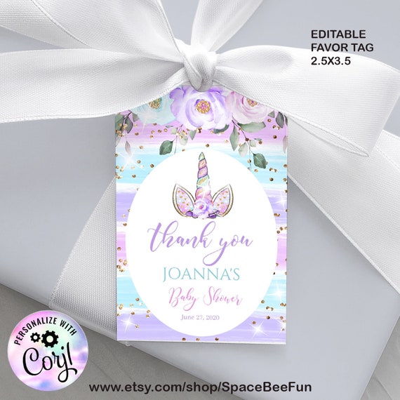 Editable Favor tag Unicorn Drive by shower, Magical day Pink and Greenery Girl little, Rainbow and Balloons, Parade Gift tag Instant Il_570xn