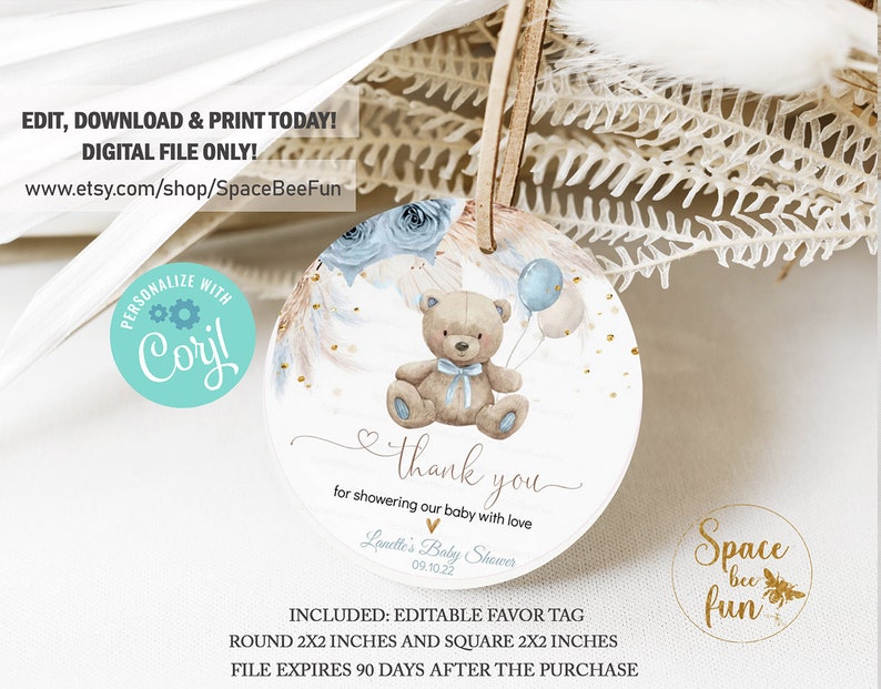 Editable Teddy Bear Baby Shower Boy Thank You Tags Favor Tag Etsy