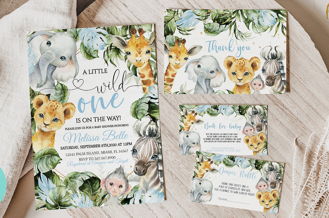 EDITABLE Safari Baby Shower Set Decoration Invitation Boy Gold Young