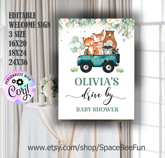 EDITABLE Drive by baby shower Yard Sign Woodland animals Bear Boy sign instant download