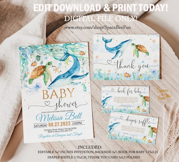 Under the Sea Baby Shower Boy Set, Ocean Baby Shower Bundle Package Thank you Book Diaper , Ocean Theme Sea Animals Editable digital X1 Il_570xn