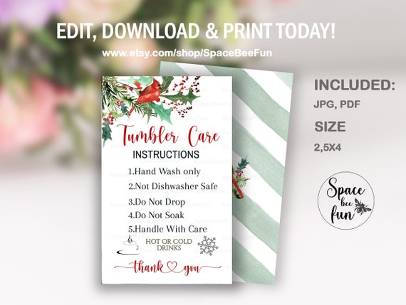EDITABLE Cup Care Tumbler Instructions Card Christmas Washing Care Instructions Mug Care, Instructions Card Printable Instant Download T1 Il_570xn
