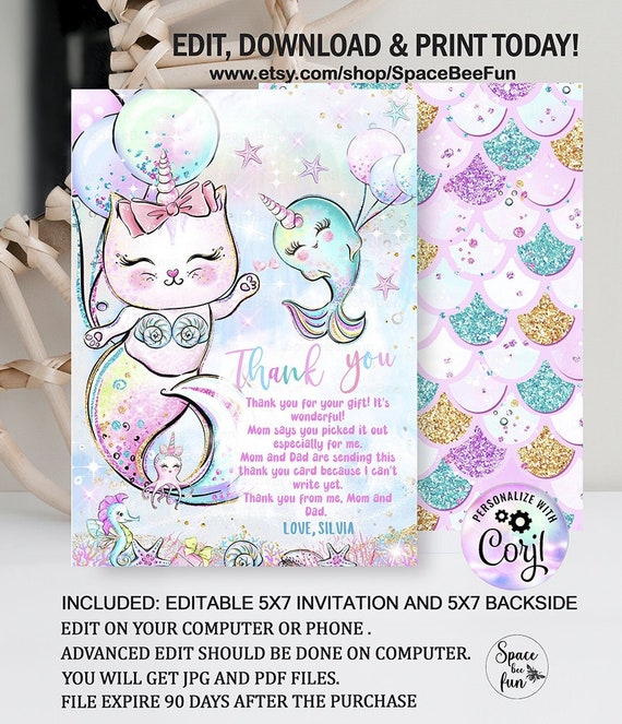 Caticorn Mermaid Birthday Thank you card, Magical day Unicorn Party Under the Sea birthday Pool Party Editable Template Digital Downloa D111 Il_570xn