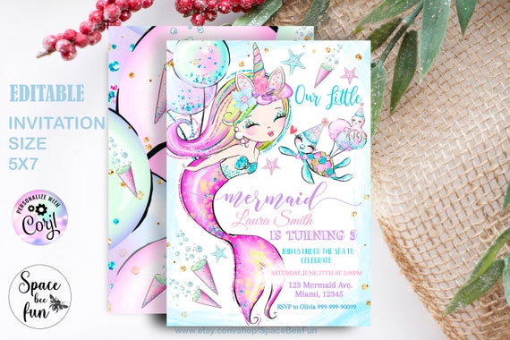 Editable Mermaid Birthday Invitation Unicorn Mermaid Party invite, Pool invite, Unicorn Magical party, Mermaid invites Instant downloa D111 Il_570xn