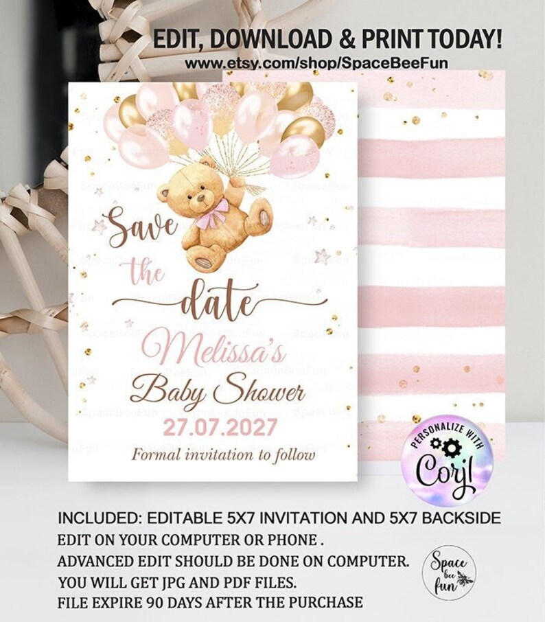 Editable Teddy Bear Baby Shower Save the Date Invitation We Etsy